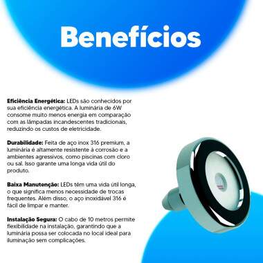 Luminária Led Para Piscina 6W RGB em Aço inox 316 Premium Tholz