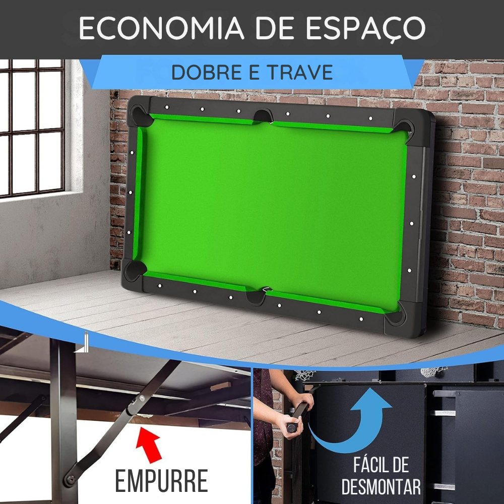 (ESTOQUE LIMITADO) Mesa de Bilhar Dobrável em MDF Reforçado - Suporta até 100kg + Kit Completo de Brinde