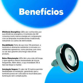 Luminária Led Para Piscina 6W RGB em Aço inox 316 Premium Tholz
